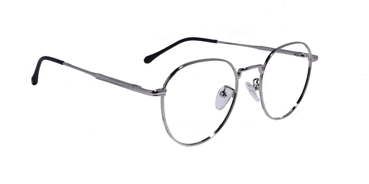 Zero Power Computer Glasses: Silver Round Metal Full Frame For Men & Women - Specsview